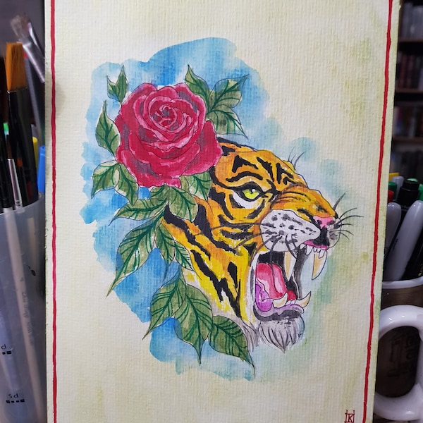 Aquarelle originale tête de tigre et rose rouge style néo traditionnel Tattoo