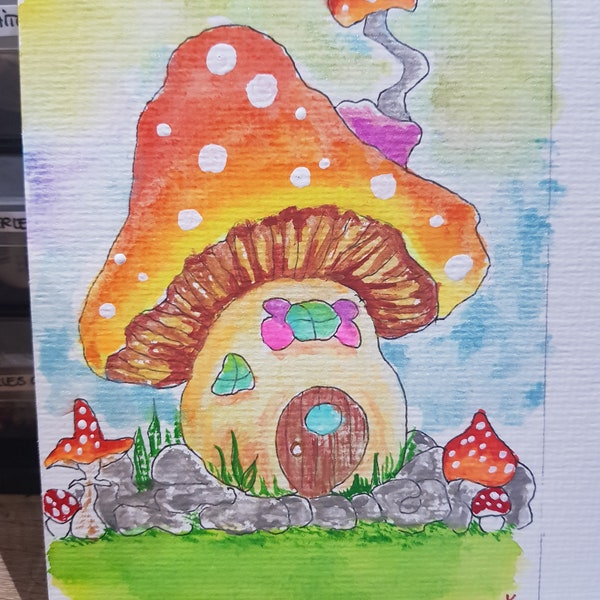 Aquarelle originale maison de fée champignon