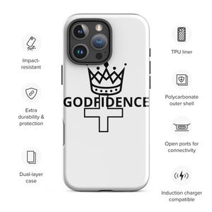 May include: White phone case featuring a black crown and cross design, with the word "GODFIDENCE". It has impact resistance, extra durability, a dual-layer case, a TPU liner, a polycarbonate outer shell, open ports, and induction charger compatibility.