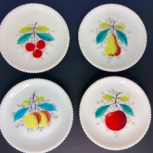 Vintage Milk Glass Beaded Fruit Dessert Plates-Set of 4 image 1