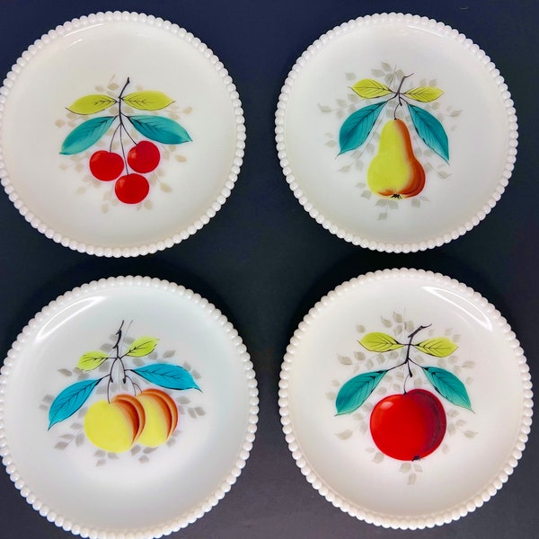 Vintage Milk Glass Beaded Fruit Dessert Plates-Set of 4