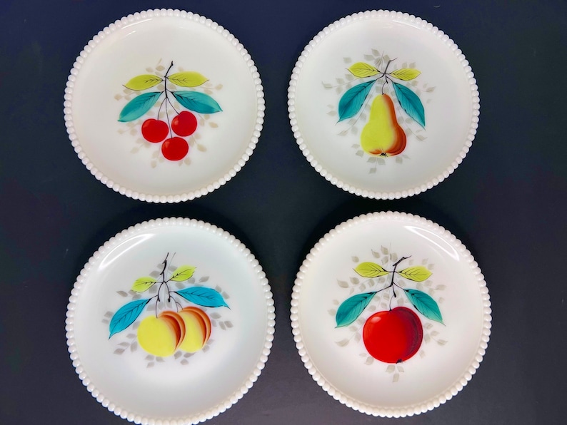 Vintage Milk Glass Beaded Fruit Dessert Plates-Set of 4 image 1