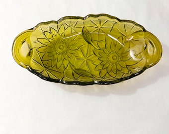 Vintage Avocado Green Glass Bowl/Dish with Embossed Sunflower Pattern