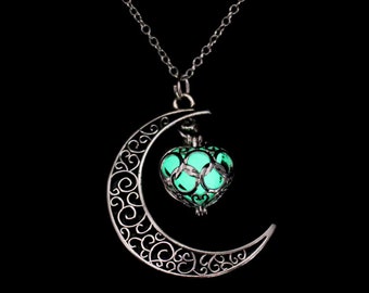 Hollow Moon Heart Pendant , birthday gift, gift for her,him,girlfriendHandmade Necklace Luminous Love Luminous Stone Pen