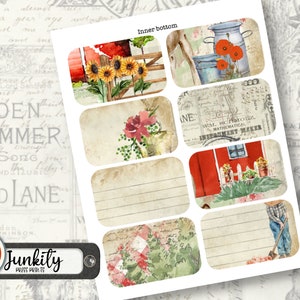 May include: A set of printable digital stickers featuring a farmhouse theme. The stickers include images of sunflowers, a red barn, a milk jug, a bucket, a fence, a garden, and a handwritten note. The stickers are perfect for adding a touch of country charm to your planner, journal, or scrapbook.