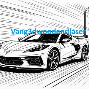 May include: Black and white illustration of two sports cars speeding down a road. The cars have sleek designs with spoilers. The text "Vang3dwoodandlaser" is visible in the image.