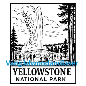 May include: Black and white illustration of Yellowstone National Park. The image features a geyser erupting, with a crowd of people watching. The text "YELLOWSTONE NATIONAL PARK" is at the bottom.