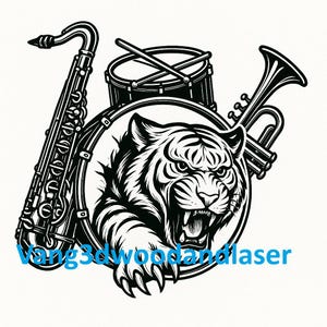 May include: Black and white illustration featuring a tiger's head surrounded by musical instruments. A saxophone, trumpet, and drum set are positioned around the tiger. The text "Vang3dwoodandlaser" is at the bottom.