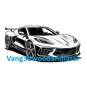 May include: Black and white line art illustration of a sports car. The image features a sleek, modern vehicle design with detailed wheels and a spoiler. The text "Vang3dwoodandlaser" is at the bottom.