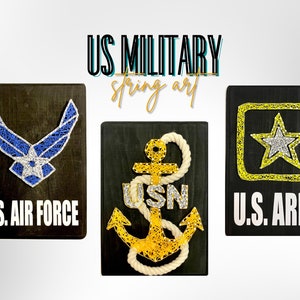May include: Three string art pieces depicting the logos of the US Air Force, US Navy, and US Army. The Air Force logo is blue and white, the Navy logo is yellow and white, and the Army logo is yellow and silver.