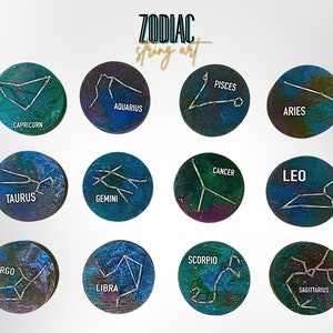May include: Twelve round zodiac art pieces with constellations in silver against a blue, green, and purple background. Each piece features a zodiac sign name in white. The words "ZODIAC spring art" are at the top.