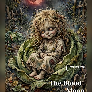 May include: A digital illustration of a small creature with wild blonde hair and glowing orange eyes sitting inside a large green cabbage leaf. The scene features a dark garden under a red moon with the text C******* The Blood-Moon Gardenling.