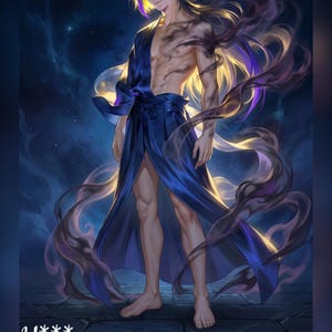 May include: Digital artwork of a person with dark hair and red eyes, wearing a blue robe. The image features the text "Earth Elemental" at the bottom. Swirling dark and purple smoke-like elements surround the figure against a dark blue backdrop.