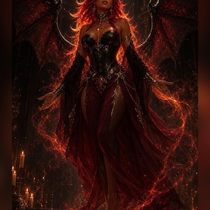 May include: A digital illustration titled 'Jazzie' Succubus/Fire Elemental featuring a figure with long red hair, dark wings, and a flowing dark red gown. The figure is surrounded by swirling orange flames and glowing light effects in a dark setting.