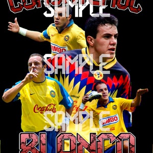 May include: A graphic design featuring multiple images of soccer players in yellow and blue jerseys. The text "CUAUHTÉMOC" and "BLANCO" are displayed in a distressed red font. The word "SAMPLE" is also displayed.