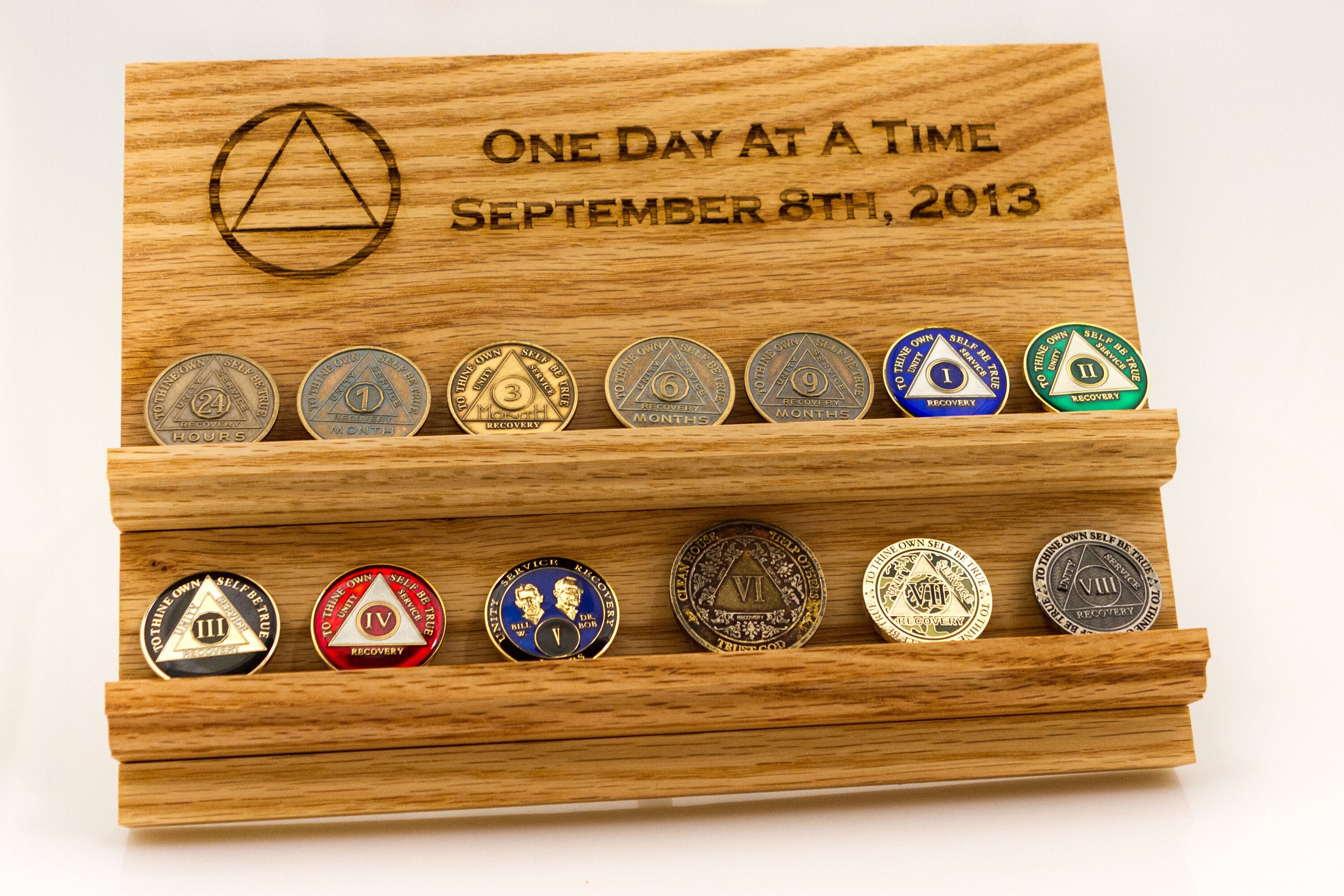 AA Alcoholics Anonymous Recovery Coin Display. One Day at a Time. Sobriety  Date Display. 