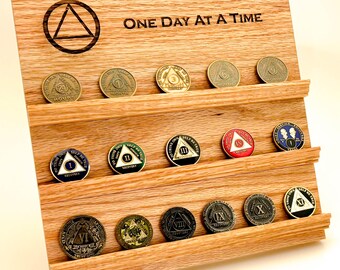 One Day at a Time AA Coin Display - Laser Engraved Recovery Milestone Stand 24 Coins