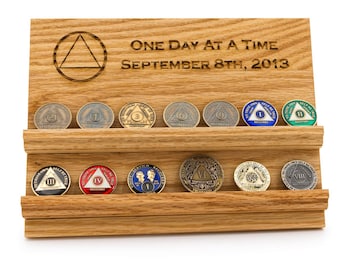One Day at a Time AA Coin Display - Laser Engraved Recovery Milestone Stand 16 Coins