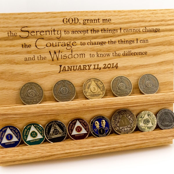 AA Alcoholics Anonymous recovery coin display. Serenity prayer. Sober date display. NA coin Display Narcotics Anonymous