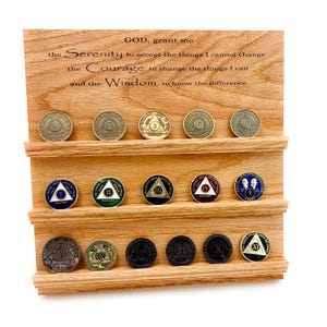 AA Alcoholics Anonymous or NA Narcotics Anonymous recovery coin display. Serenity prayer.  Holds 24 standard size coins.