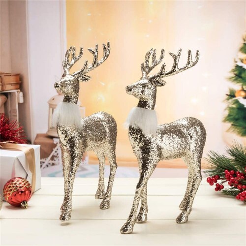 Christmas Reindeer Gold Glitter Deer Ornament Winter Decor Set Etsy