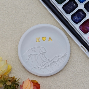 Ocean wave engagement gift, bridesmaid gift, custom ring holder, best friend gift, wedding gift, clay ring dish, initials, dates, names