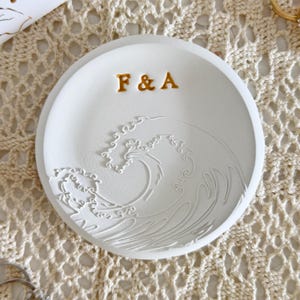 Custom Wave Ring Dish with Initials – Handmade Clay Jewelry Tray, Ocean Inspired Trinket Plate, Personalized Gift for Couples or Weddings