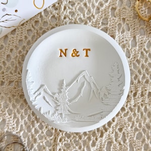personalized ring dish, mountain top custom jewelry dish, engagement gift, wedding gift, gift for him, couples gift, initials, dates, names