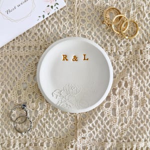 Floral personalized ring dish, custom ring holder, flower garden engagement gift, wedding gift, clay ring dish, initials, dates, names