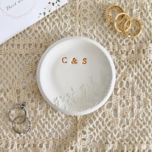 Flower garden personalized ring dish, bridesmaids gift, engagement gift, wedding, bridal shower, clay ring dish, initials, dates, names
