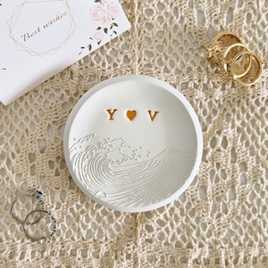 Ocean waves personalized ring dish, custom ring holder, embossed waves engagement gift, wedding gift, clay ring dish, initials, dates, names
