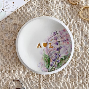 Personalized Lily of the Valley Ring Dish, May Birth Flower Jewelry Tray, Hand-Painted Floral Ring Holder, Custom Keepsake Wedding Gift