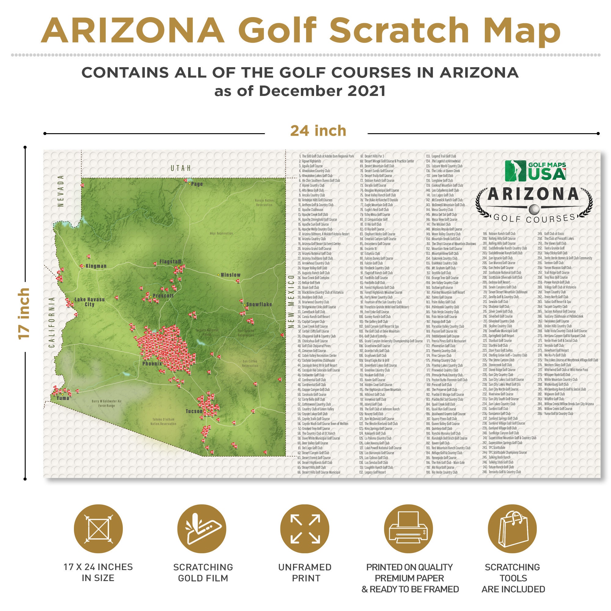 Arizona State Golf Scratch Map With 296 Courses Scratchoff Golf Map Etsy