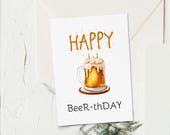 Happy Beer-thday, Funny Birthday Card, Printable Greeting Card Template, Digital Download Envelope Included, A7