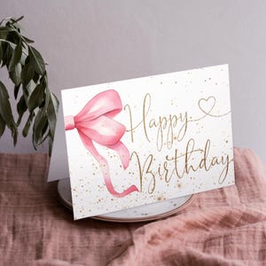Pink Bow Birthday Card, Pink Gold Happy Birthday Card, Printable Cute Greeting Card Template, Envelop Included, Digital Download PDF/JPEG A4
