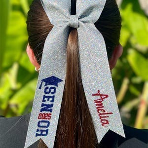 Senior Cheer Bow with Graduation Year | Glitter Collegiate Style Bow for Senior Cheerleaders or Dancers | Custom 1.5&quot; Ribbon