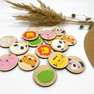 Gioco di memoria di animali in legno fatto a mano per bambini / Compensato naturale. Facce di animali carine. Migliora le abilità logiche. Regalo personalizzabile individuale.
