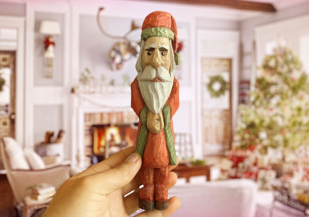 Hand Carved Wooden Santa Claus Figurine Christmas Ornaments Etsy