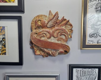 Heart & Sparrow tattoo wall plaque | Handmade in USA | Sparrow and Flowers Tattoo Decor | Old School Sculpture | Handmade Art