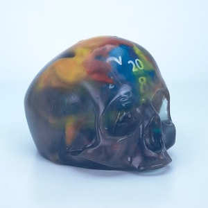 Flaming D20 Skull -  Blacklight reactive - Premium Resin - Hand made Sculpture