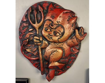 Lil' Devil Kewpie wall sculpture   |   Handmade in USA  |  Cute Gothic Tattoo Decor  |  Vintage Inspired  |  Halloween Wall Art