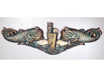 Navy Submarine Warfare Insignia - Gold Patina - Hand made and signed - Officer Dolphins