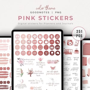 Puede incluir: Un conjunto de pegatinas digitales para planificadores y diarios que incluye 251 pegatinas rosas y blancas con varios diseños, incluyendo ilustraciones florales, iconos y texto. Las pegatinas están diseñadas para usarse con Goodnotes.
