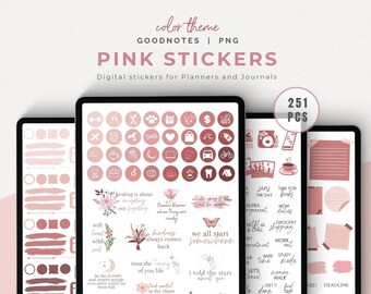 May include: A digital sticker set for planners and journals featuring 251 pink and white stickers with various designs, including floral illustrations, icons, and text. The stickers are designed for use with Goodnotes.