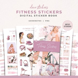 Puede incluir: Cuaderno de pegatinas digitales para Goodnotes con ilustraciones de actividades físicas, comida saludable y frases motivacionales. Las pegatinas son en tonos rosas, blancos y marrones. El texto de la portada dice "Fitness Stickers" y "Digital Deco Stickers".