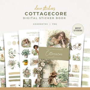 May include: A collection of digital stickers with a cottagecore theme. The stickers feature watercolor illustrations of plants, people, and decorative elements. The text on the cover reads "Cottagecore Digital Sticker Book."