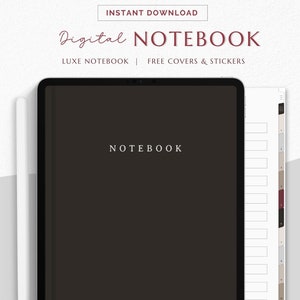 Puede incluir: Un cuaderno digital con una cubierta marrón oscuro y la palabra "NOTEBOOK" en texto blanco. El cuaderno se muestra en la pantalla de una tableta con un lápiz blanco a su lado. La imagen también muestra una vista previa de las páginas del cuaderno con una variedad de colores y diseños.