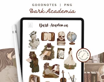 May include: A set of digital stickers for Goodnotes featuring a dark academia theme. The stickers include illustrations of books, skulls, globes, a violin, a woman reading, a woman playing the piano, and a woman in a dress. The stickers are hand-drawn and have a vintage aesthetic.