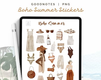 Pegatinas digitales estéticas de Goodnotes para vacaciones de verano bohemias, pegatinas para planificadores digitales, pegatinas de verano para iPad, pegatinas de vacaciones en la playa