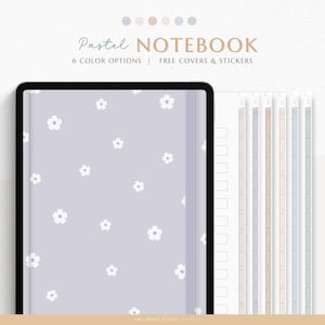 Puede incluir: Un planificador digital con una portada de color lila pastel con un patrón de flores blancas. El texto "Pastel NOTEBOOK" se muestra encima del planificador. El planificador tiene 6 opciones de color e incluye cubiertas y pegatinas gratis.
